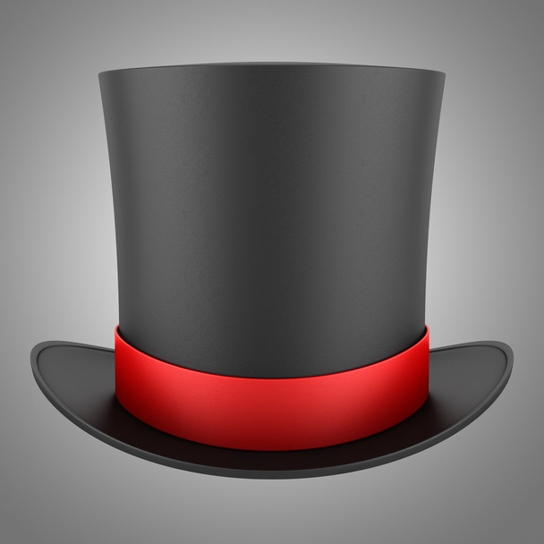 cappello a cilindro nero con striscia rossa isolata su sfondo grigio
 - Foto, immagini