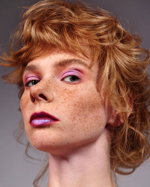Portrait of cute beautiful young girl with freckles close-up - Φωτογραφία, εικόνα