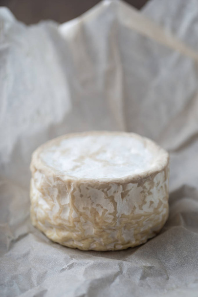 Camembert, soft cheese on crumpled paper background - Foto, imagen