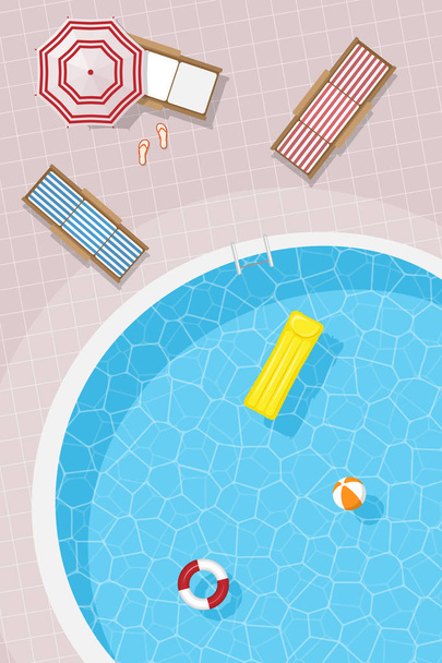 Κατακόρυφη εικόνα μιας στρογγυλής πισίνας που περιβάλλεται από ξαπλώστρες με umbre - Διάνυσμα, εικόνα