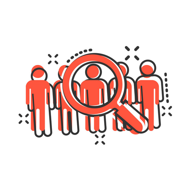 Search job vacancy icon in comic style. Loupe career vector cart - Vector, Image