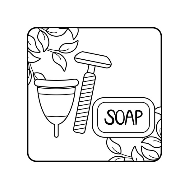 menstrual cup with soap and razor barber disposable in frame - Vector, Image
