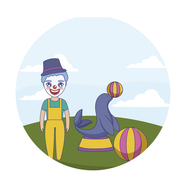 clown di circo e sigillo con palla in cornice circolare
 - Vettoriali, immagini