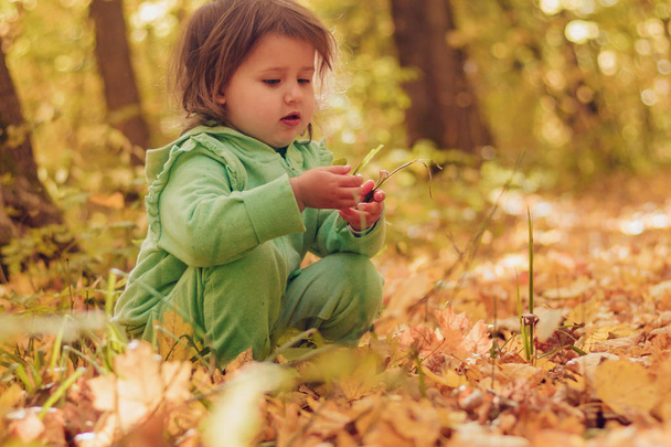 Ένα παιδί σε μια φόρμα κάθεται και παίζει χαρούμενα με κίτρινα φύλλα στο δάσος, ανοιχτό αέρα, ημέρα, πορτρέτο - Φωτογραφία, εικόνα