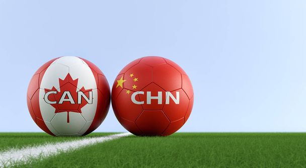 China vs. Canada Soccer Match - Soccer balls in China and Canada national colors on a soccer field. Copy space on the right side - 3D Rendering  - Fotoğraf, Görsel