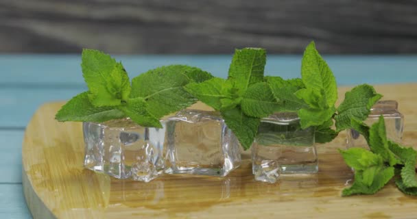 Cubos de hielo y hojas de menta aisladas en tabla de cortar de madera
 - Metraje, vídeo