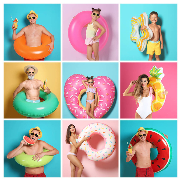 Set of people with bright inflatable rings on color background - Foto, imagen