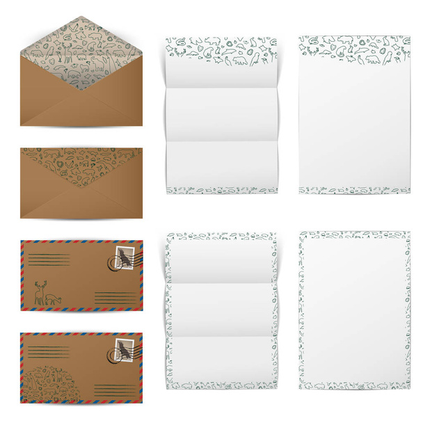 Bruin papier enveloppen en blanco witte letter papers met dierlijke patroon sjabloon ingesteld, vector illustratie - Vector, afbeelding