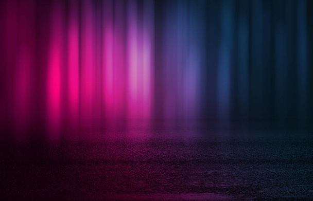 Üres háttérjelenet. Dark Street, tükrözi a kék és rózsaszín Neonfény nedves járdán. Neon-formák. Fénysugarak a sötétben, füst. Absztrakt sötét háttér. - Fotó, kép