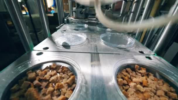Plastic plates with bread snacks are getting sealed with foil at a food factory. - Felvétel, videó