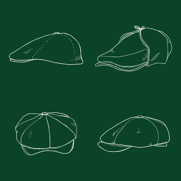 Set de Vectores de Chalk Sketch Retro Tweed Caps. Estilo antiguo a la moda
. - Vector, Imagen