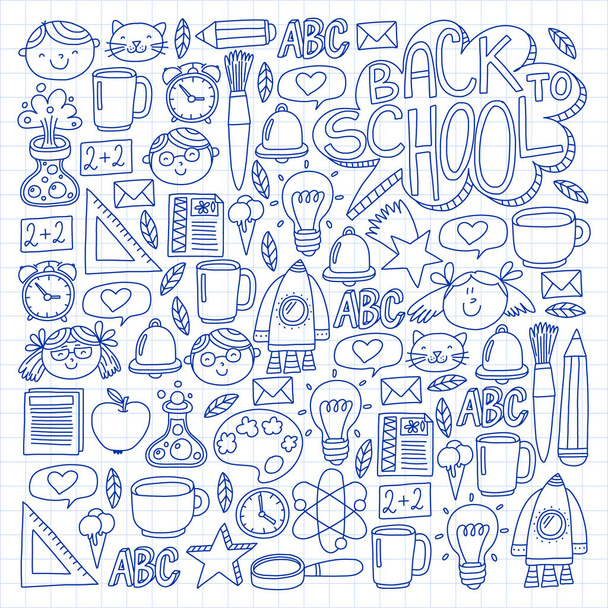 Vector pattern with school icons with little students. Children study chemistry, creativity, mathematics, physics, algebra, geometry, biology, geography, astronomy. - Vector, Image