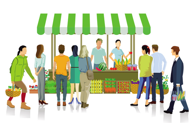 Фермерский рынок с клиентами, овощами, фруктами
 - Фото, изображение