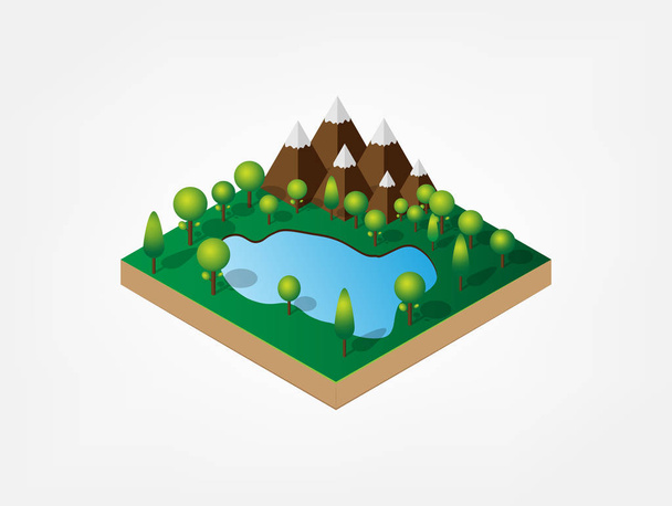 Izometrické 3D přírodní hory a jezera v lese. Přirozená síť LAN - Vektor, obrázek
