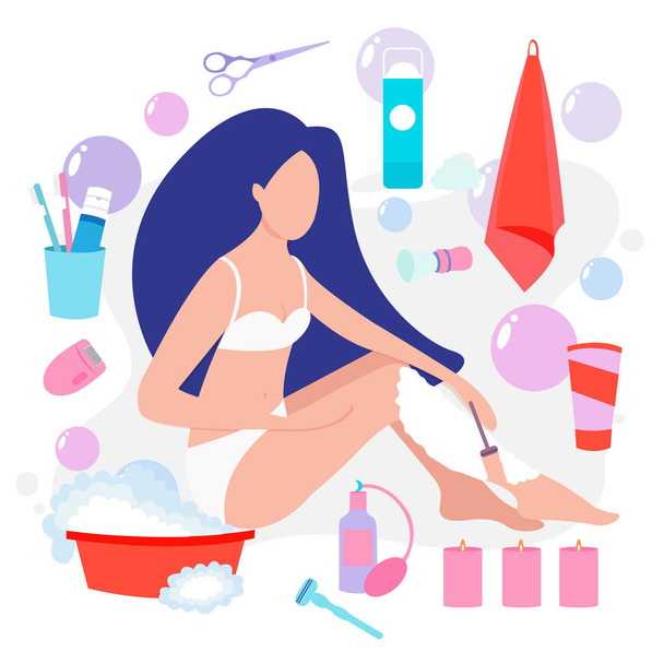 Vector illustration of beautiful woman towel shaves her legs with a safety razor. - Διάνυσμα, εικόνα