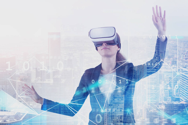 Woman in VR glasses, digital network - Photo, Image
