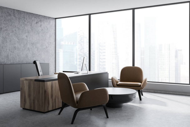 Concrete CEO office corner, leather armchairs - Fotoğraf, Görsel