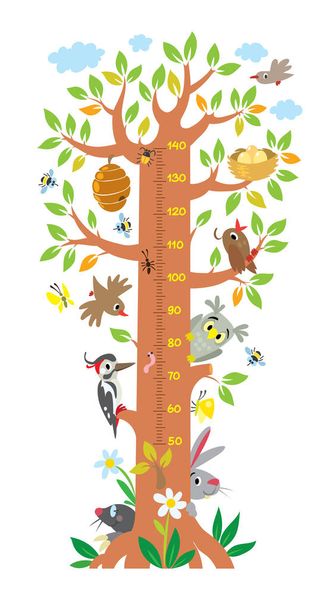 Fairy tree with animals meter wall or height chart - Vector, Image