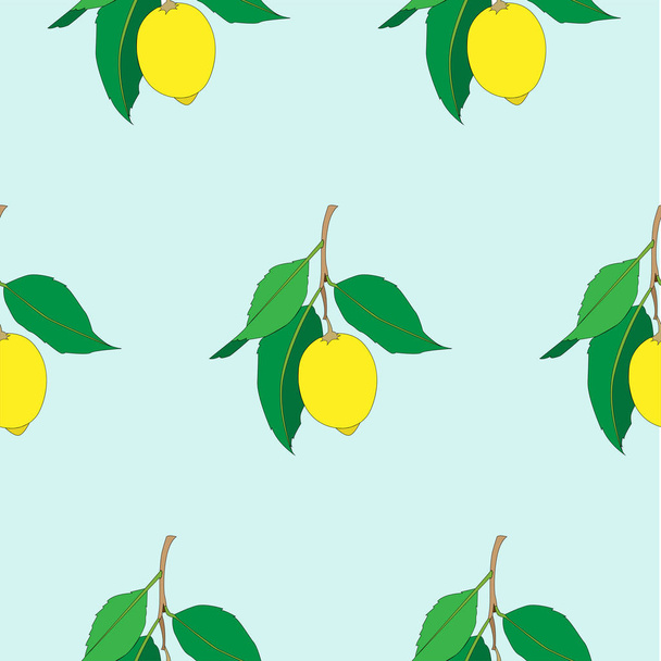 Bezešvé vzory s citronů izolovanými na modu. Žluté čerstvé ovoce se zelenými listy. Letní design. Barevná tapeta. Vektorová ilustrace. - Vektor, obrázek