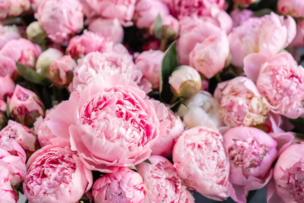 Warehouse refrigerator, Wholesale flowers for flower shops. Pink peonies in a plastic container or bucket. Online store. Floral shop and delivery concept. - Photo, Image
