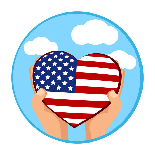 USA vlag in de vorm van een hart, houdt een man handen. Onafhankelijkheidsdag - Vector, afbeelding