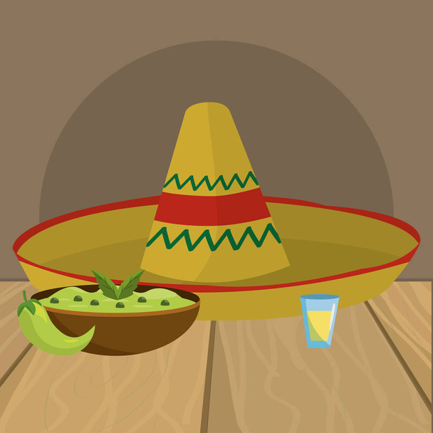γελοιογραφία νόστιμο μεξικάνικο φαγητό σε εστιατόριο τραπέζι - Διάνυσμα, εικόνα