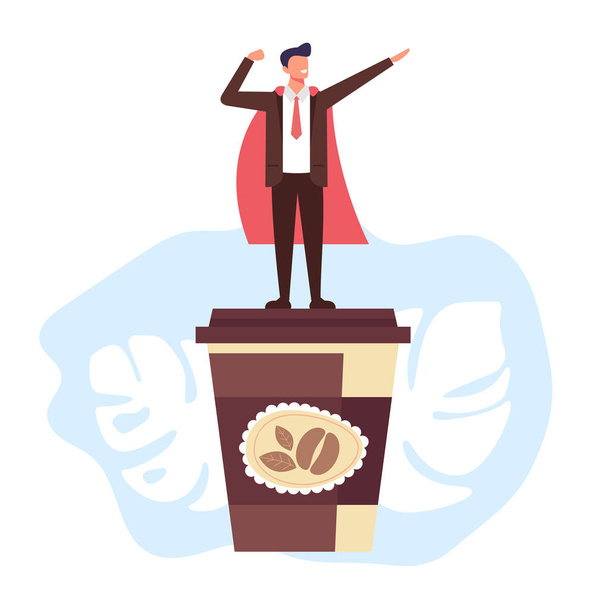 Manager office worker full of energy. Morning coffee break concept. Vector flat graphic design isolated illustration - Vetor, Imagem