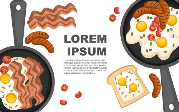 Τηγανητό αυγό με ντομάτες και κρέας στο τηγάνι. Επίπεδη απεικόνιση σε λευκό φόντο. Σελίδα τοποθεσίας Web και σχεδίαση εφαρμογής για κινητές συσκευές. Θέση για κείμενο, κουμπί Web - Διάνυσμα, εικόνα
