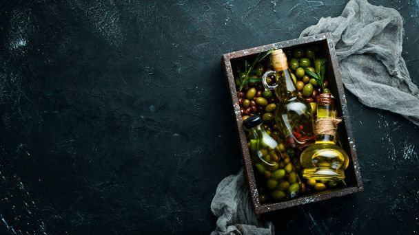 Olive oil in a wooden box. Top view. Free space for your text. - Fotografie, Obrázek