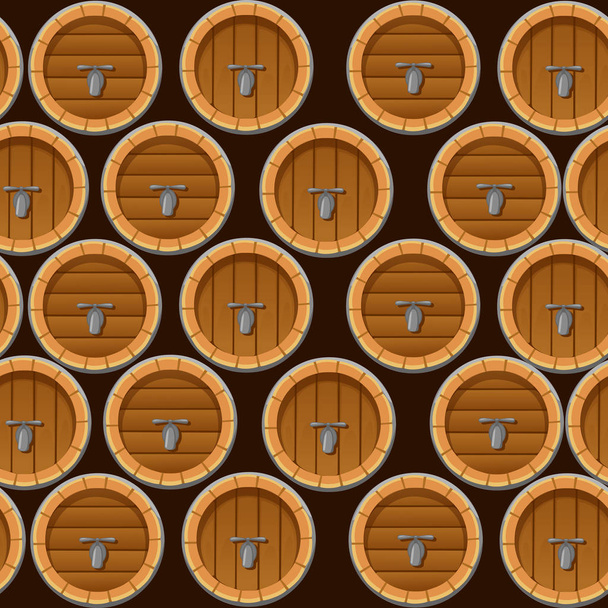 暗い背景に木製のワインやビール樽フラットベクトルイラストのシームレスなパターン - ベクター画像