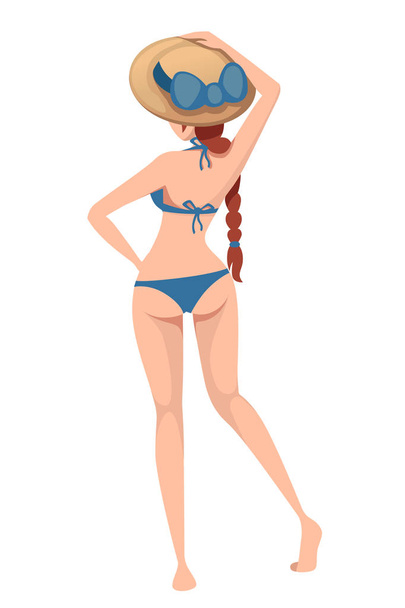 Beautiful slender women in swimsuit with hat back view cartoon character design flat vector illustration - Vector, Image