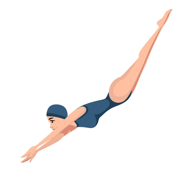 Спортсмен женщина в синем купальнике прыгать на воду мультфильм дизайн персонажа плоский вектор иллюстрации на белом фоне
 - Вектор,изображение