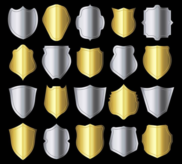 Shield silhouette. Retro crests frame, silver metal security shielding emblem and golden heraldic shields silhouettes vector set - Вектор, зображення