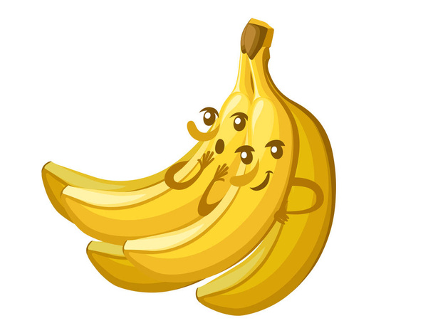 Ramo de plátanos amarillos comestible fruta tropical baya dibujo animado carácter mascota plana vector ilustración aislado sobre fondo blanco
 - Vector, imagen