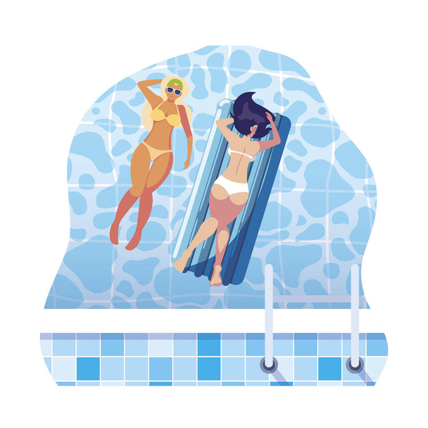 gyönyörű lányok úszó matrac úszó vízben - Vektor, kép