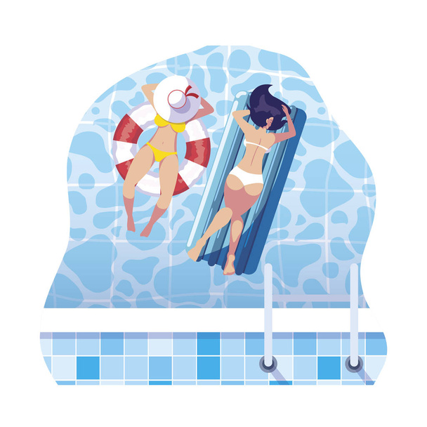 dziewczyny z strój kąpielowy w ratownik i materace pływaków w wodzie - Wektor, obraz