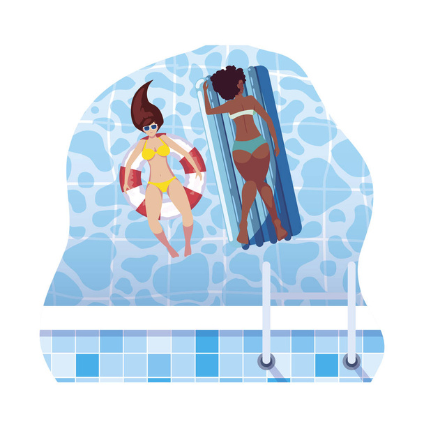 красиві міжрасові дівчата з плаваючим матрацом у воді
 - Вектор, зображення