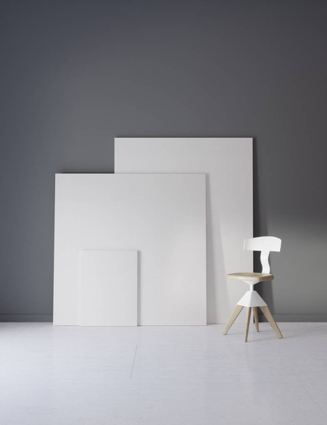 Pictures and chair in gray studio with atmospheric lighting - Foto, Imagen