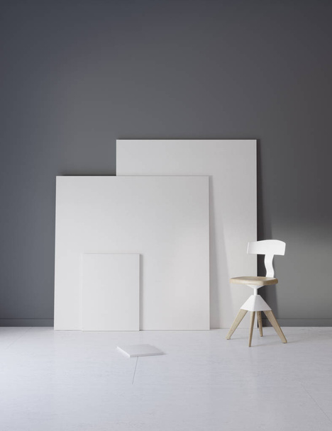 Картини та стілець у сірій студії з атмосферним освітленням
 - Фото, зображення