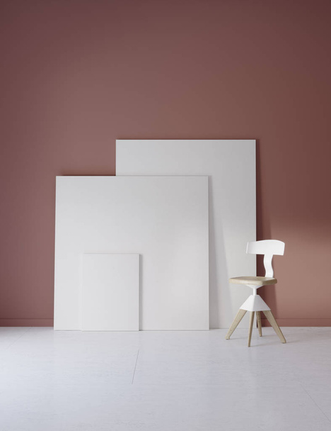 Bilder und Stuhl im roten Studio mit stimmungsvoller Beleuchtung - Foto, Bild