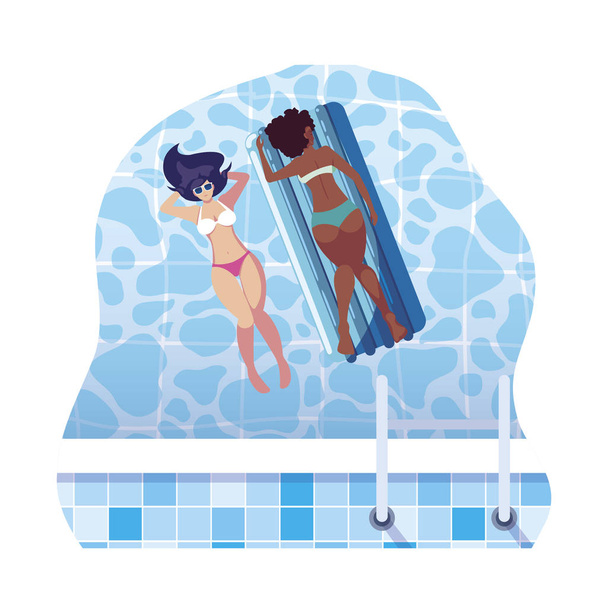 piękne Międzyrasowe dziewczyny z pływakiem materac w wodzie - Wektor, obraz