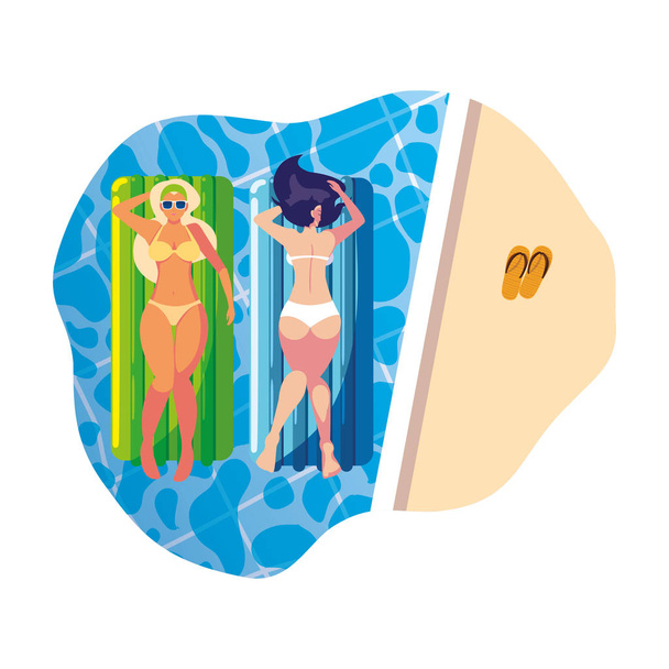 красиві дівчата з плаваючим матрацом, що плаває в басейні
 - Вектор, зображення