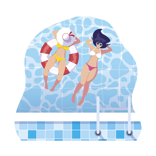 meisjes met badpak en badmeester zweven in het water - Vector, afbeelding