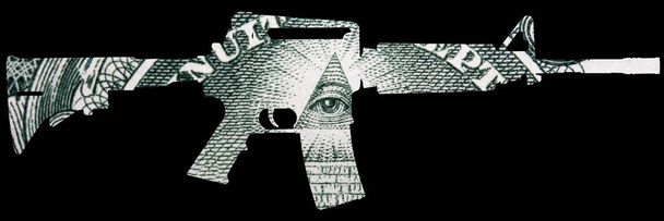 銃と金だ。アメリカでの撮影を表す。米ドルビルの詳細上の自動銃の形状 - 写真・画像