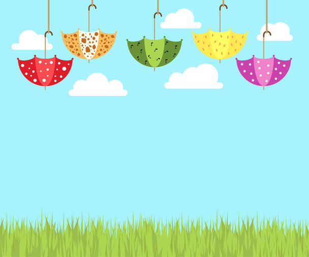 Illustration of colorful soaring umbrellas, white clouds, and grass on a blue background. - Vector, imagen
