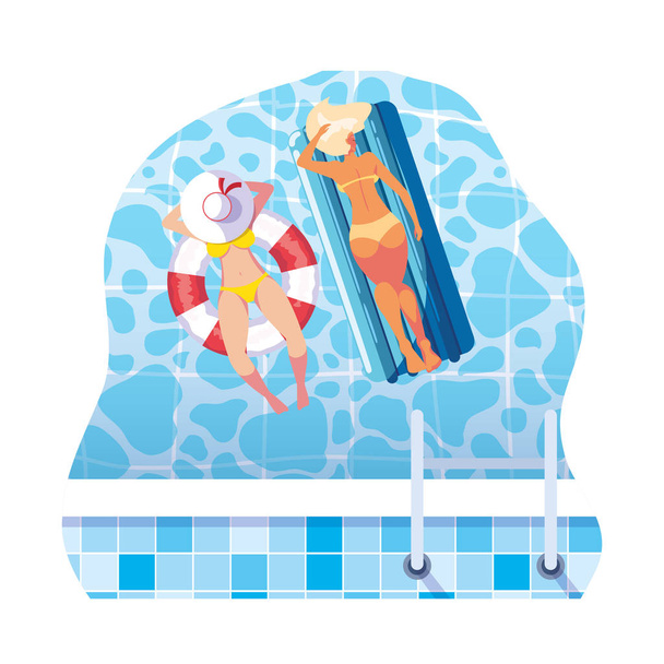 chicas con traje de baño en salvavidas y colchón flota en el agua
 - Vector, imagen