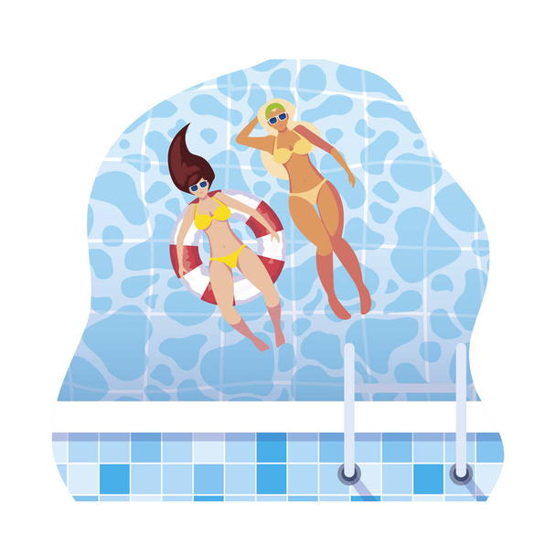 niñas con traje de baño y salvavidas flotan en el agua
 - Vector, imagen