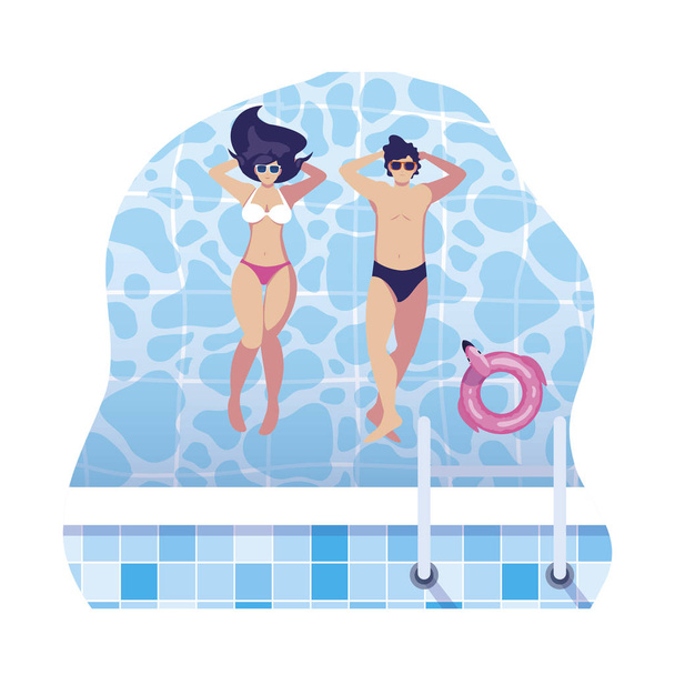 young couple with swimsuit floating in pool - Vector, Image