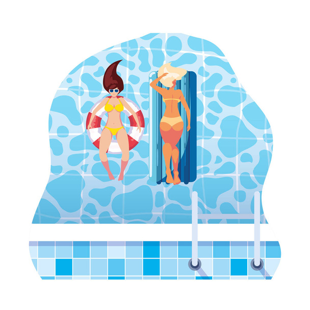 girls with swimsuit in lifeguard and mattress floats in water - Vector, Image