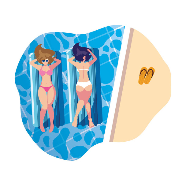 hermosas chicas con colchón flotante flotando en la piscina
 - Vector, imagen